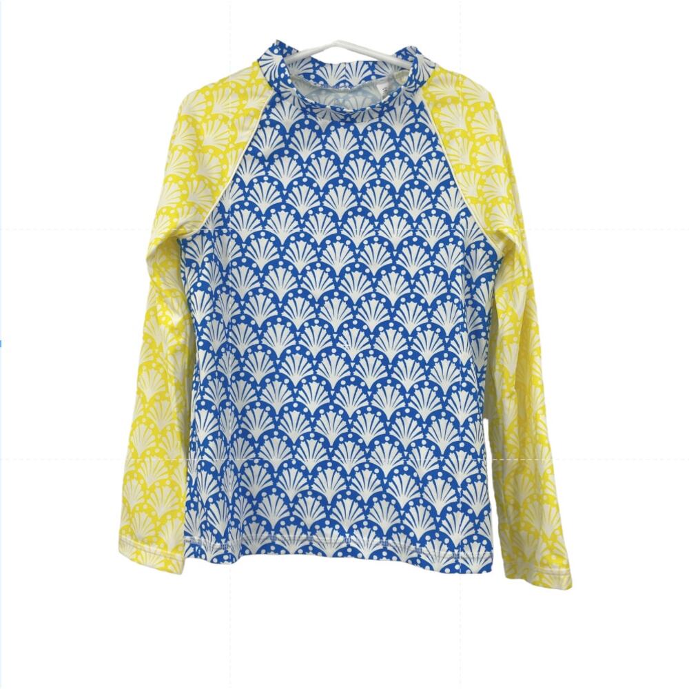 Mini Boden Rashguard Kids 8-9Y Long Sleeve Top Hotchpotch Coral Blue Yellow NWT